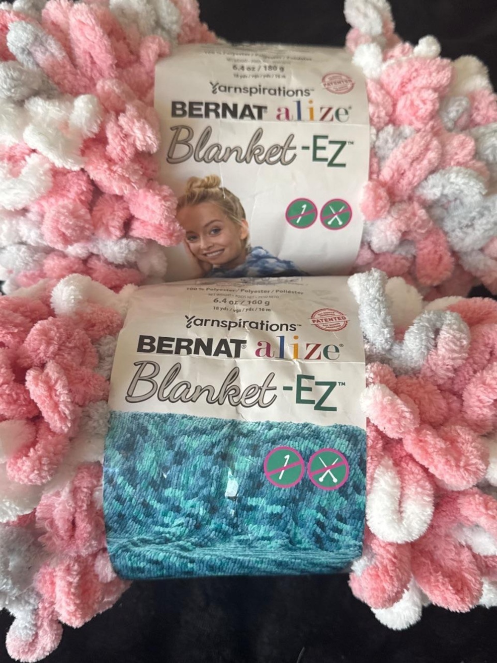 Bernat Blanket-EZ Chunky Chenille Yarn - Pink & White With Teal Skein